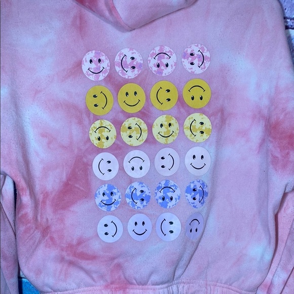 Faded Rose Pink Tie-Dye Large Hoodie with Good Vibes Print Smiley Face Cropped - Picture 7 of 9